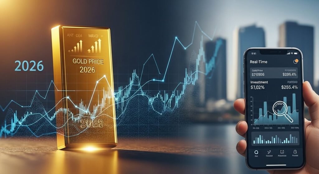 سعر الذهب اليوم 2026 - سبائك ذهبية ومجوهرات مع رسم بياني يظهر تقلبات الأسعار