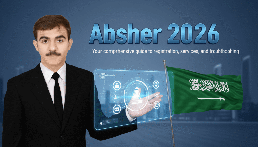 أبشر 2026 - شخص يستخدم تطبيق أبشر على الهاتف لإنجاز معاملاته الحكومية