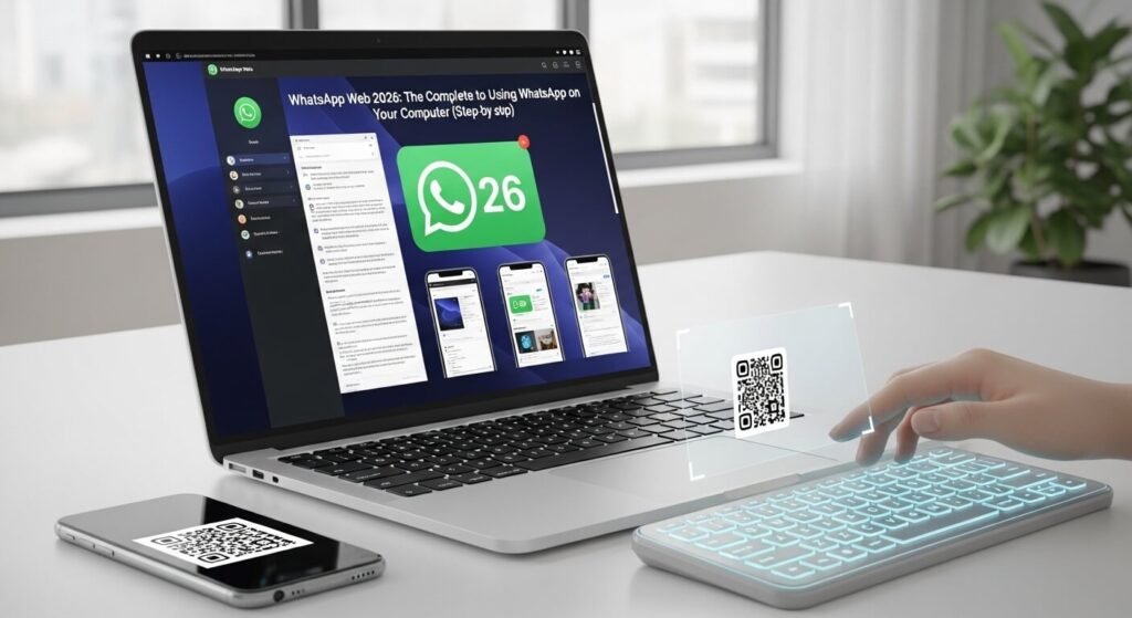 واتساب ويب 2026 - شخص يستخدم واتساب على حاسوب محمول مع كود QR