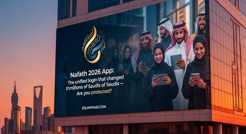 لوحة إعلانات ضخمة تعرض شعار تطبيق نفاذ 2026 فوق ناطحة سحاب سعودية، وتُظهر شاباً وشابة سعوديين يستخدمان الهوية الرقمية بأمان.