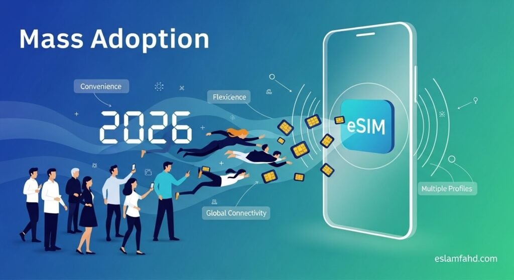 هاتف ذكي يعرض شاشة تفعيل eSIM بدون شريحة فيزيائية في 2026 كبديل للشريحة التقليدية