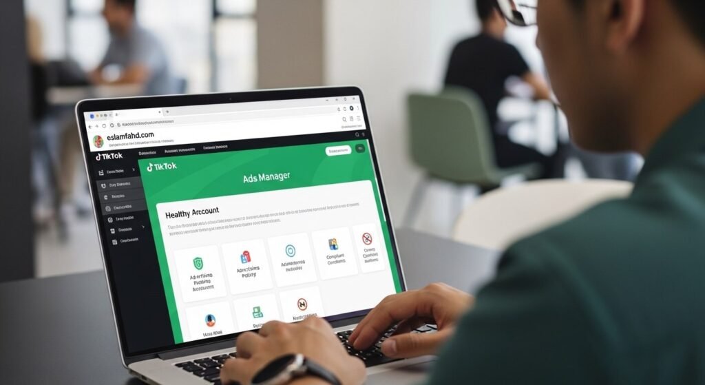 معلن يراجع سياسات إعلانات تيك توك على لابتوب لتجنب إيقاف الحساب في 2026