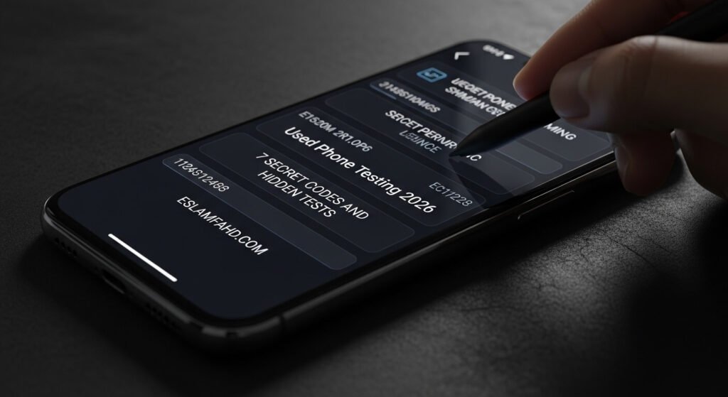 يد خبيرة تُدخل كوداً سرياً لإتمام عملية فحص الهاتف المستعمل 2026 وتكشف القوائم المخفية للبطارية والشاشة.